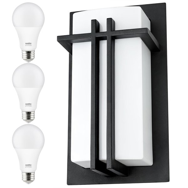 Sunlite Square Wall Sconce Lght, E26, 9W LED 60W Equiv 3000K A19 Bulb, Indoor, Opal Shade, Matte Blk, 3PK 40805-NS